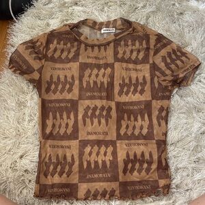 iNAMORATA Brown Checkerboard Mesh Tee